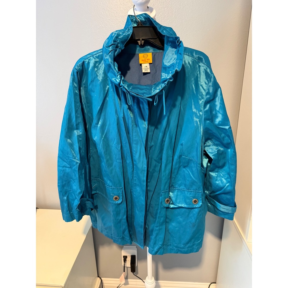 Ruby Rd. Woman Teal Blue Metallic Funnel Neck Drawstring Jacket Plus Size 22W